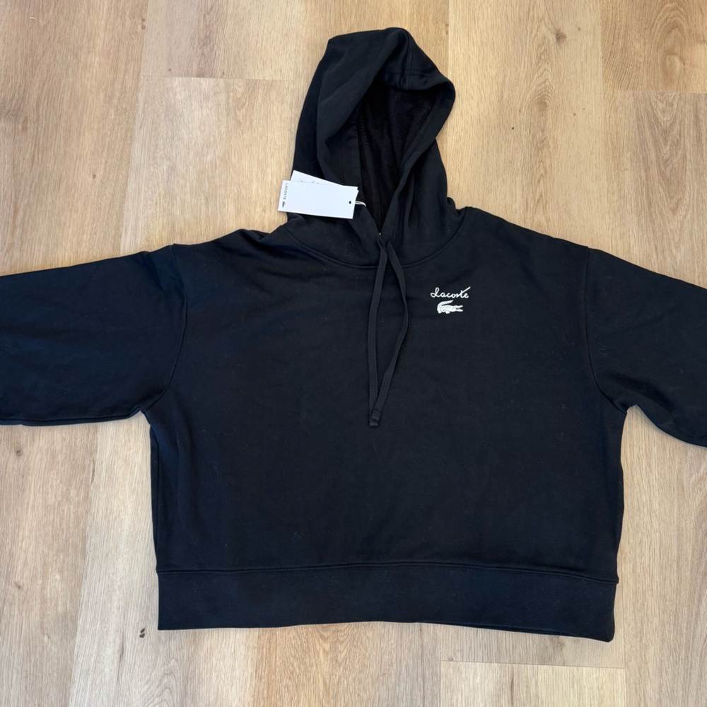 Lacoste Oversized Crop Women’s Black Hoodie with Embroidered Logo size Medium